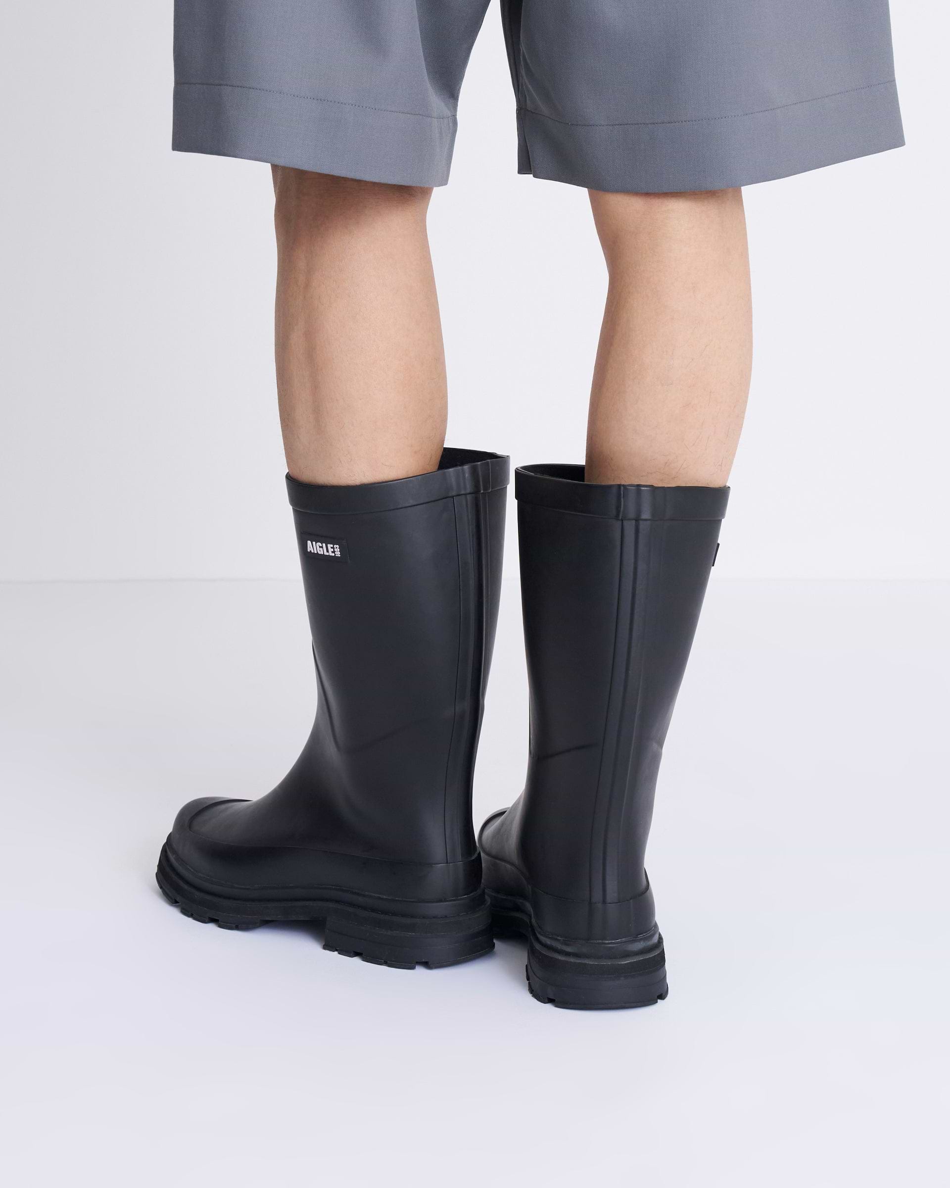 お値下げ！！ AIGLE ブラック レインブーツ AIGLE】ミッドレインラバーブーツ ブラック・グリーン | 海外製 レイン