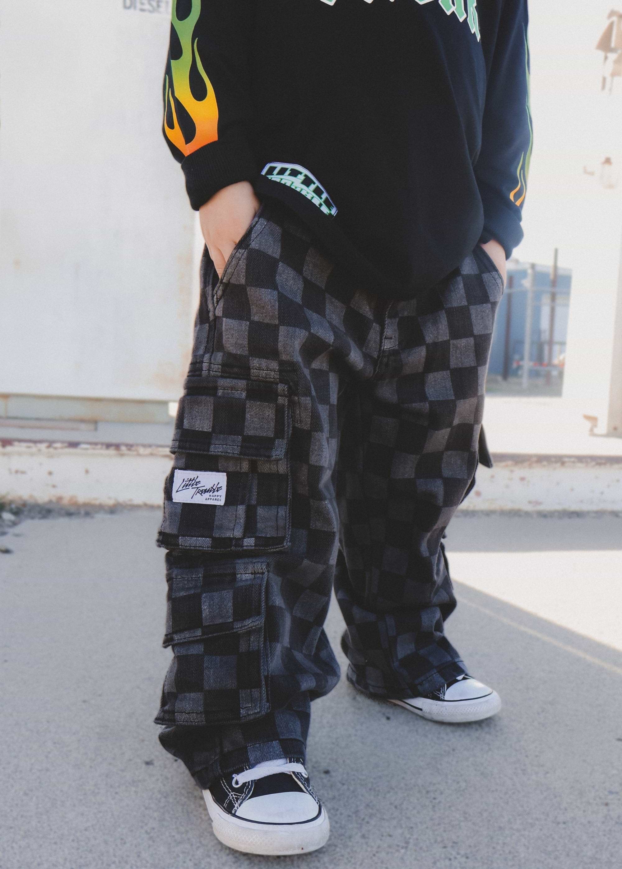 Little Trouble Checkered Baggy Jeans Black