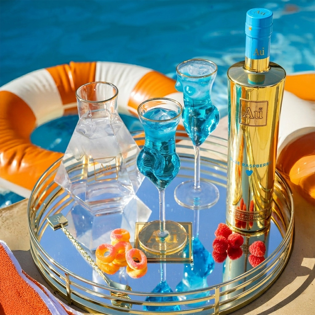Au Vodka Blue Raspberry bottle, two glasses with blue liquid, and a decanter on a mirrored tray by a pool