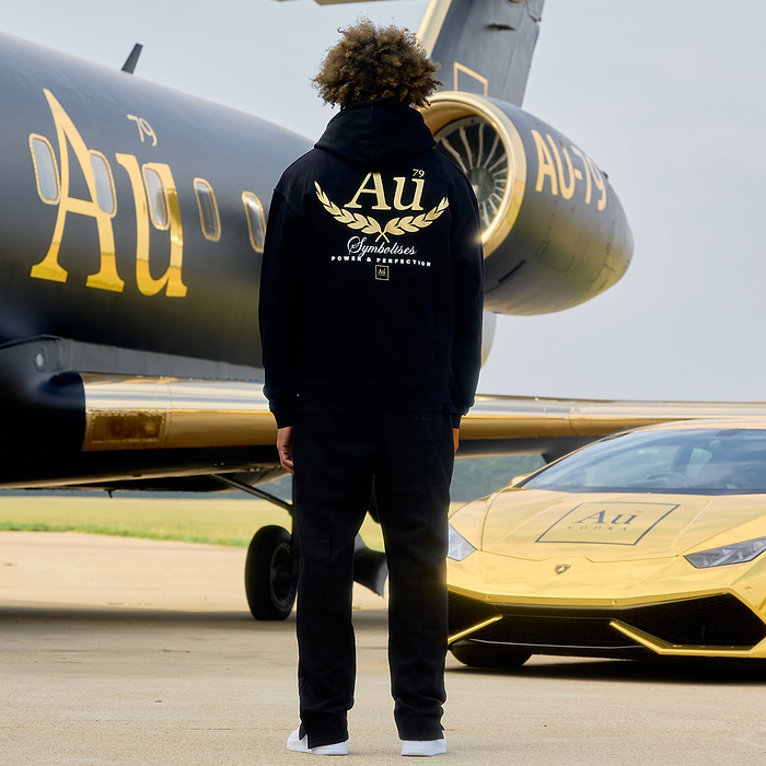 Person wearing a black hoodie with 'Au' logo in front of a black and gold airplane and golf sports car.