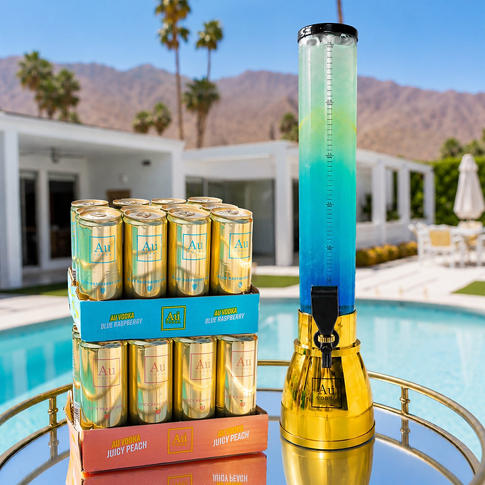 Au Vodka Blue Raspberry and Juicy Peach cans with a blue drink dispenser by a pool