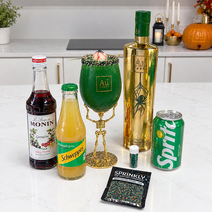 Au Vodka bottle with cocktail ingredients including Monin grenadine, Schweppes pineapple juice, Sprite, and sprinkles