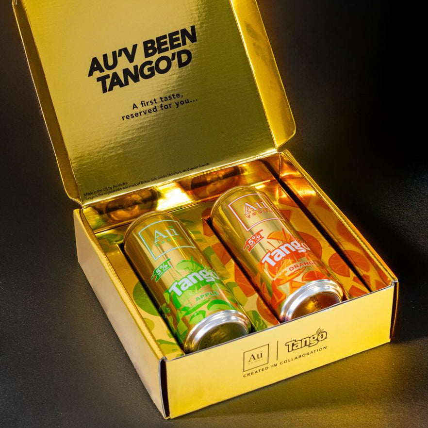 Au Vodka Tango Apple and Orange cans in a gold gift box