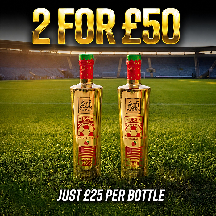 Two Au Vodka Strawberry Burst USA bottles on a football pitch with a stadium in the background