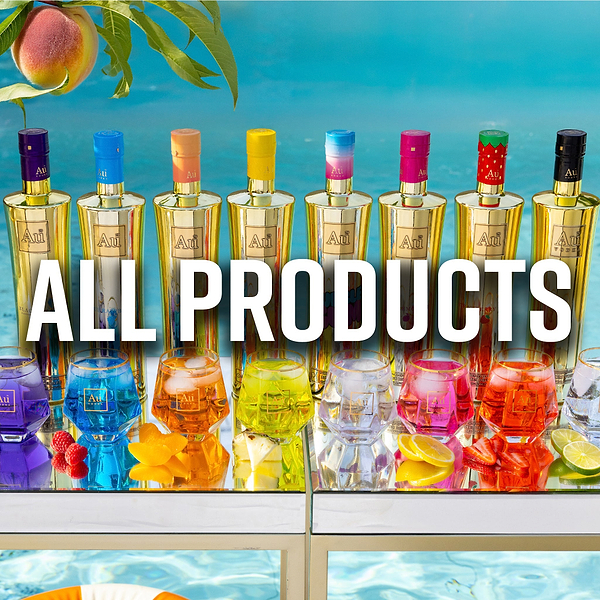 Au Vodka bottles and cocktails by a swimming pool, with the text ALL PRODUCTS overlaid