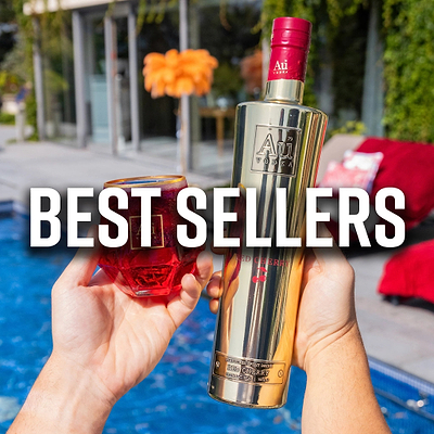 Best Sellers graphic with Au Vodka Red Cherry bottle and a glass with red liquid held over a pool