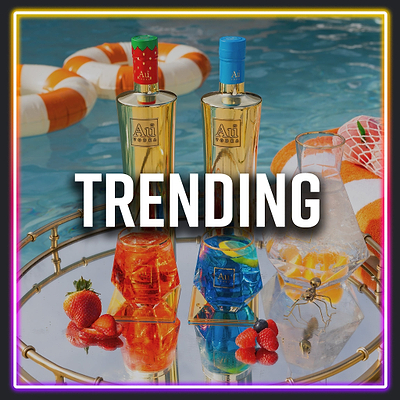 Trending graphic over two gold bottles of Au Vodka, Vanilla Ice Cream and Strawberry Milkshake flavors