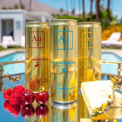 Au Vodka USA Red Cherry, Blue Raspberry, and Pineapple Crush Vodka Cocktail Cans with fruit