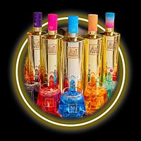 Five gold Au Vodka bottles with matching colored cocktails in glasses