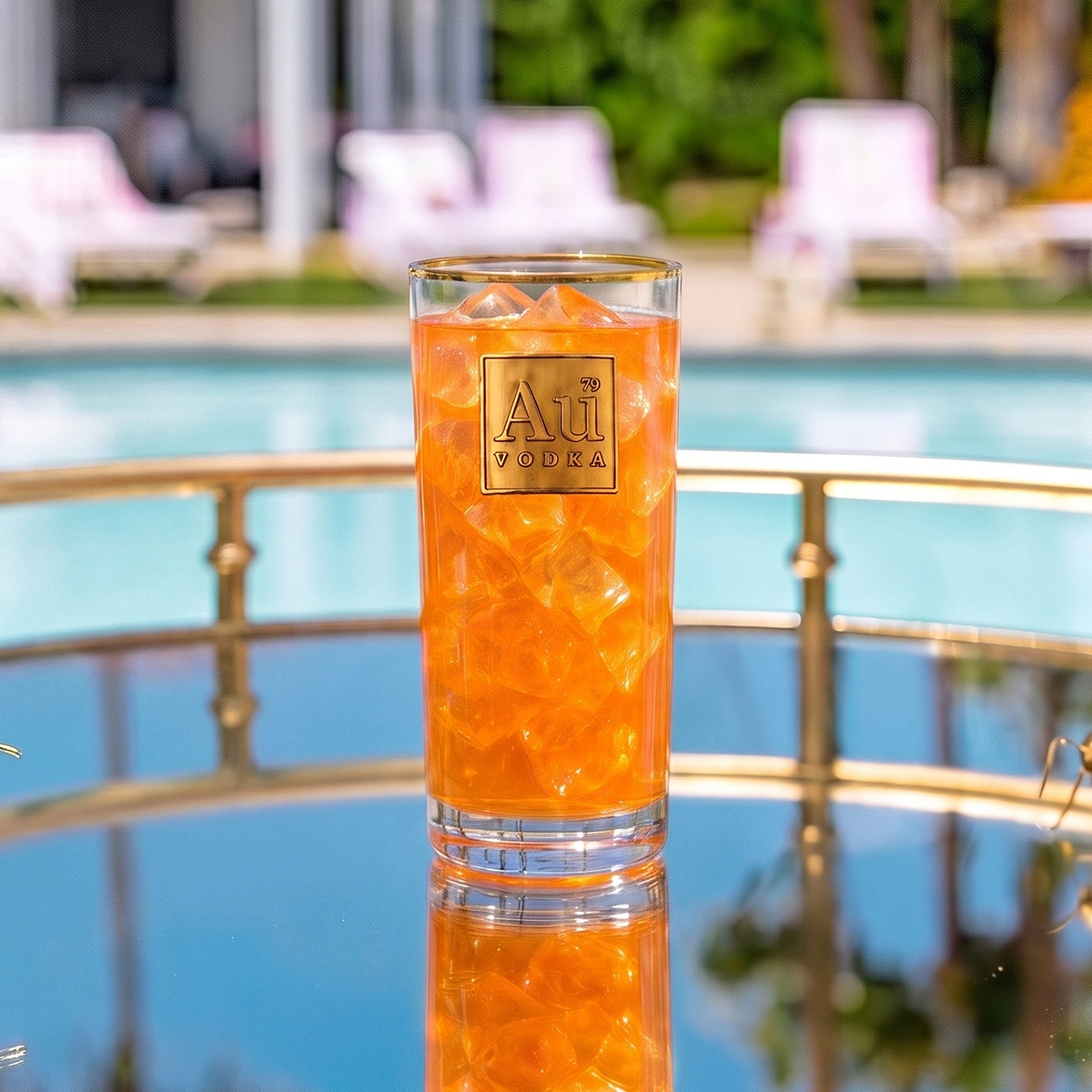 Au Vodka branded glassware filled with orange cocktail and ice cubes on a reflective surface by a pool