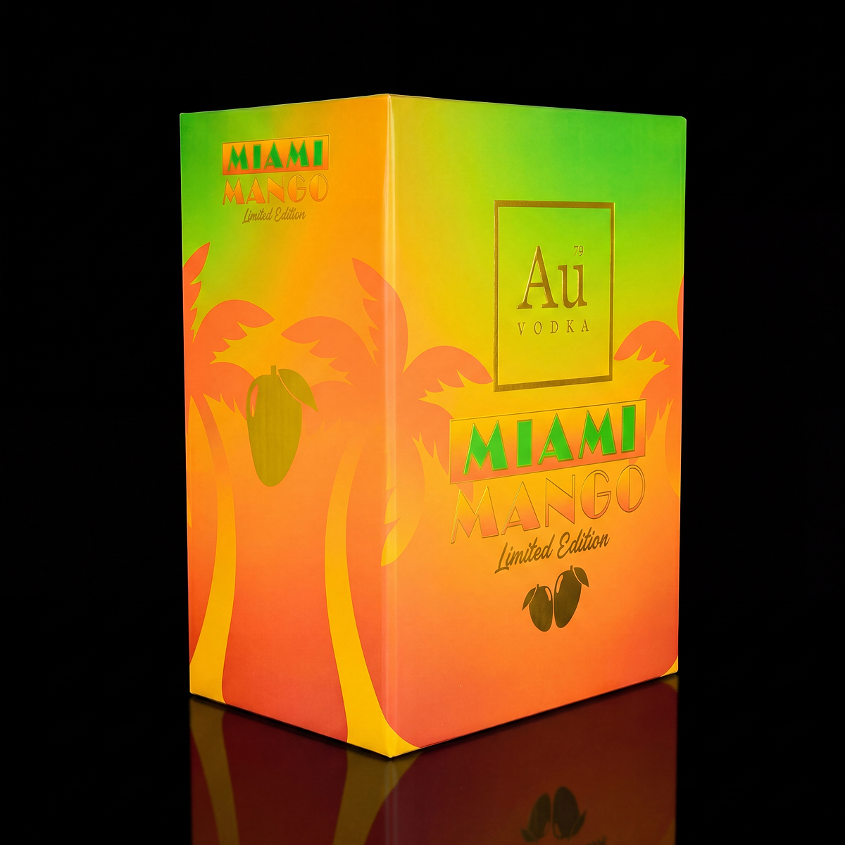 Au Vodka USA Miami Mango Limited Edition box with palm trees and mangoes