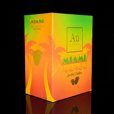 Au Vodka USA Miami Mango Limited Edition box with palm trees and mangoes
