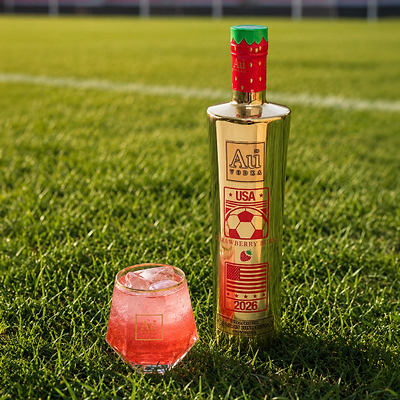 Au Vodka USA Strawberry Burst bottle and cocktail on a soccer field