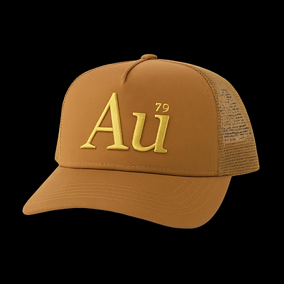 Brown cap with gold 'Au' and number '79' on a black background