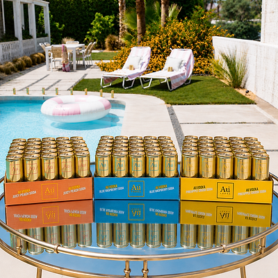 Three 24packs of Au Vodka Cocktail Cans arranged on a round glass table in front of a swimming pool, with lounge chairs and a landscaped backyard visible in the background.