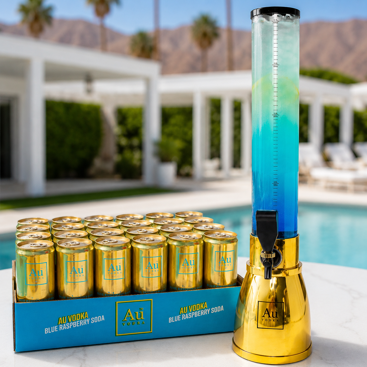 Au Vodka USA merchandise with a blue raspberry soda dispenser and a case of golden cans