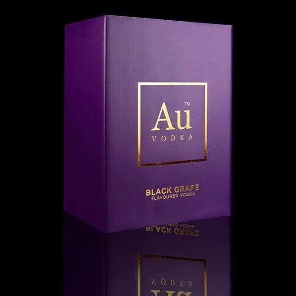 Au Vodka Black Grape purple presentation box with gold logo and text