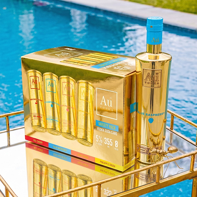 Au Vodka USA Bottle & Can Bundles with Choose your Flavors variety pack and a blue raspberry vodka bottle