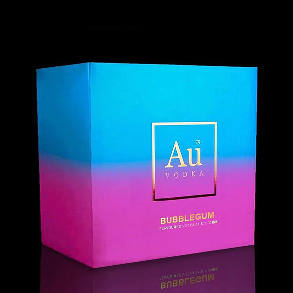 Au Vodka Bubblegum flavored spirit drink box with blue and pink gradient packaging