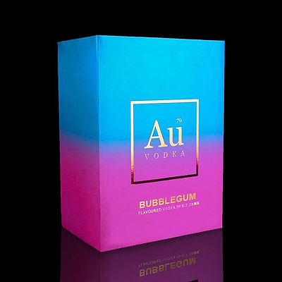 Au Vodka Bubblegum flavoured spirit drink box with blue and pink gradient design