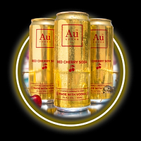Three gold Au Vodka Red Cherry Soda cans with water droplets, a red cherry, and a gold insect