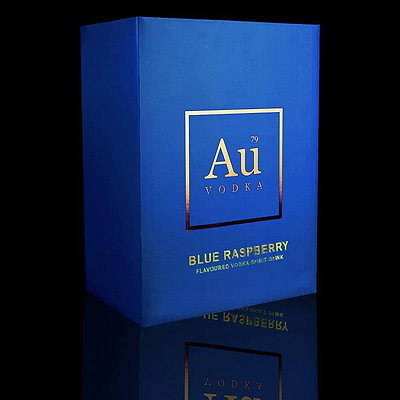 Au Vodka Blue Raspberry spirit drink box with gold branding on blue background