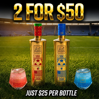 Au Vodka USA Strawberry Burst and Blue Raspberry bottles with matching cocktails on a soccer field