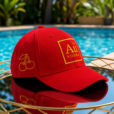 Red Au Vodka USA baseball cap with gold cherry embroidery on a reflective surface by a pool