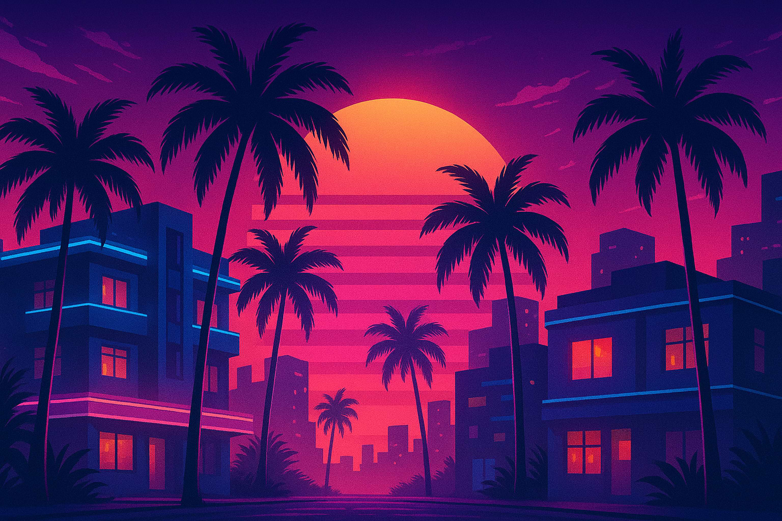 Synthwave style illustration of palm trees and buildings silhouetted against a large sunset