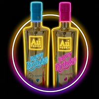Au Vodka Blue Raspberry and Pink Lemonade bottles with Happy Birthday neon text