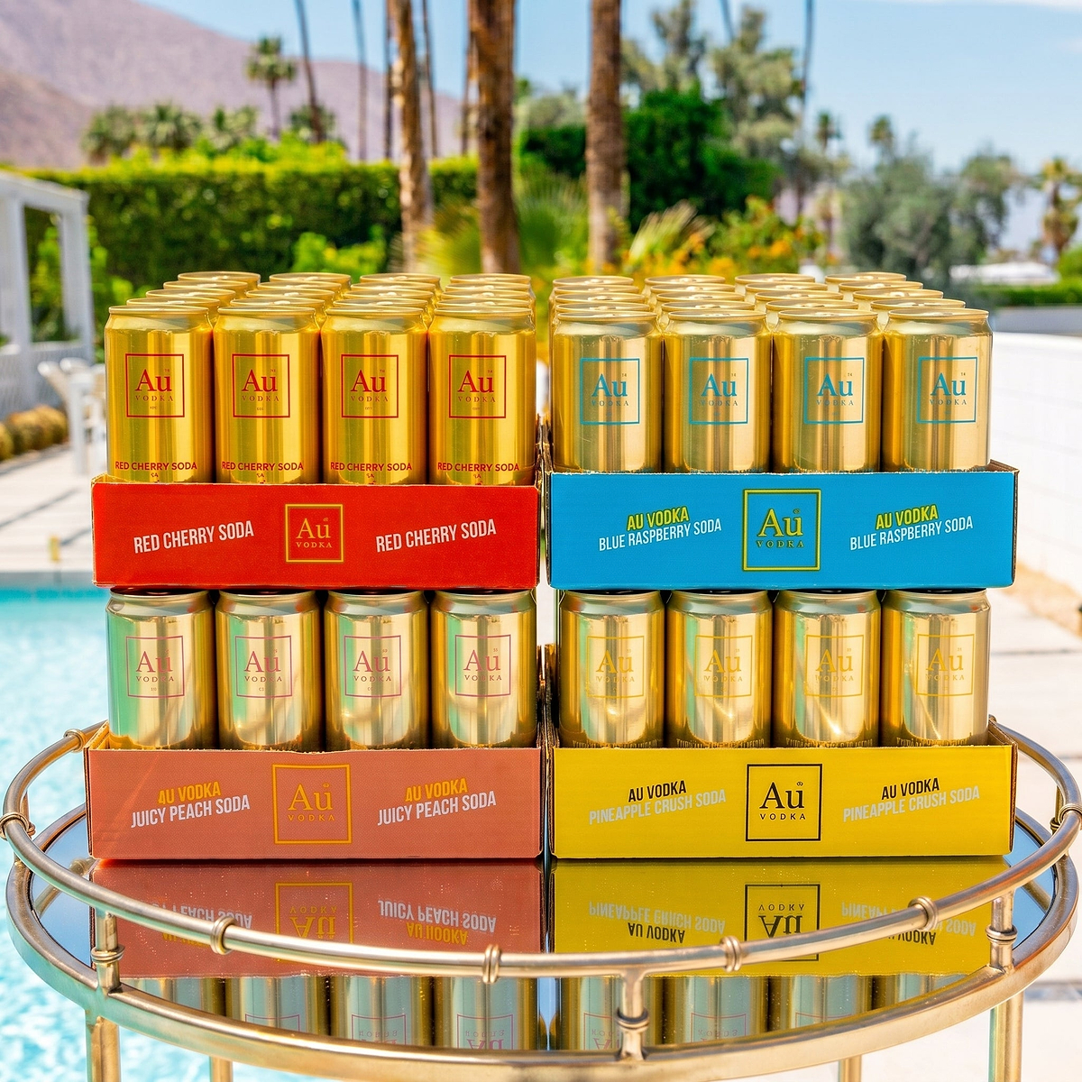 Au Vodka USA Vodka Cocktail Cans in Red Cherry, Blue Raspberry, Juicy Peach, and Pineapple Crush flavors