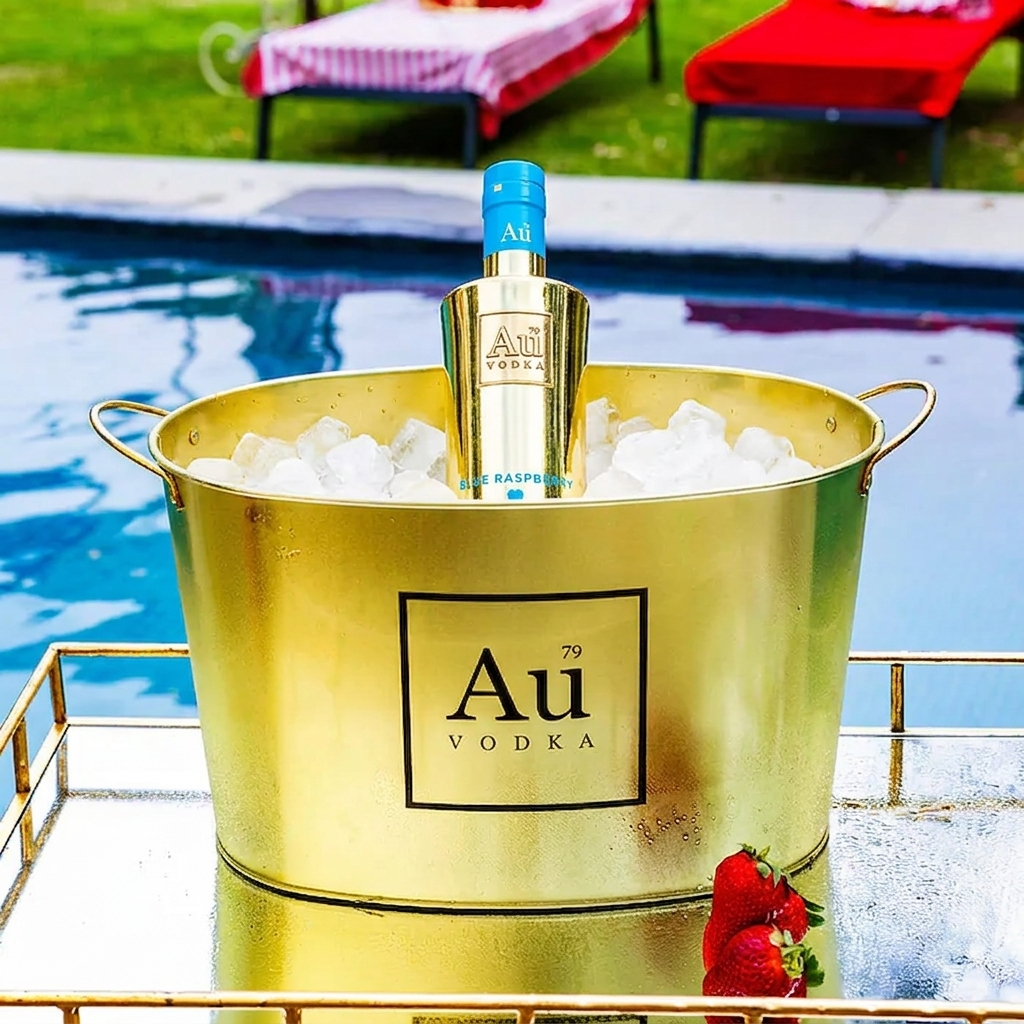 Au Vodka Blue Raspberry bottle in a gold ice bucket by a pool