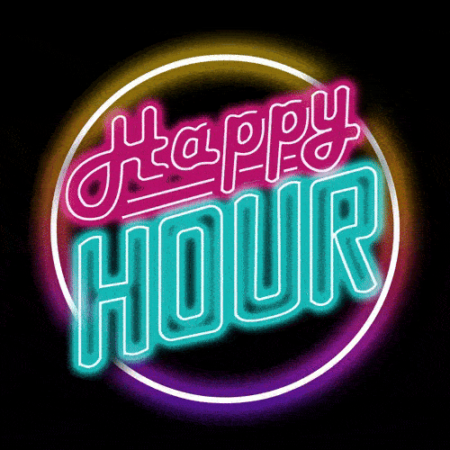 Happy Hour neon sign in pink and teal with a yellow and purple border