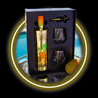 Au Vodka Miami Mango gift set with bottle, two glasses, and pourer in black box