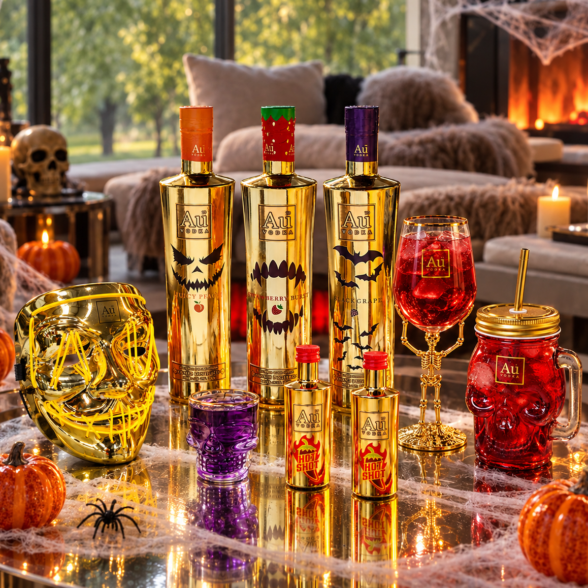 Three Au Vodka Halloween Edition bottles, alongside halloween themed glassware and masks in an indoor setting with halloween decorations.