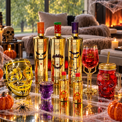 Three Au Vodka Halloween Edition bottles, alongside halloween themed glassware and masks in an indoor setting with halloween decorations.