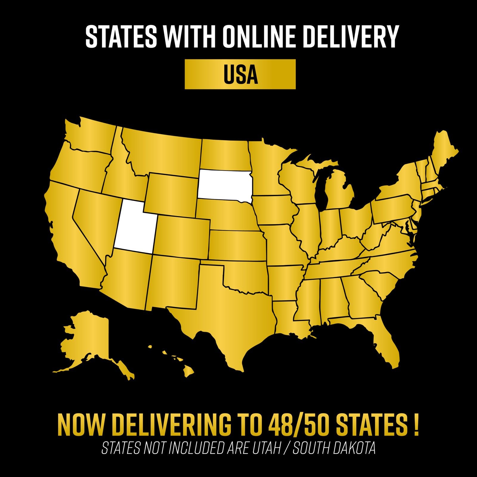 Map of USA showing online delivery availability in 48 states excluding Utah and South Dakota