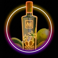 Au Vodka Miami Mango bottle with neon outline and mangoes in background