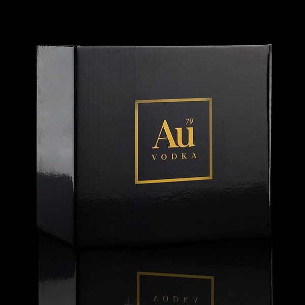 Au Vodka Original black gift box with gold logo