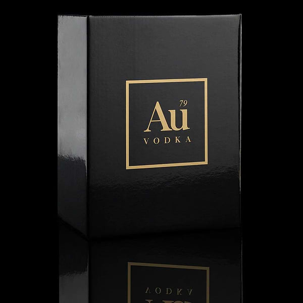 Au Vodka Original black presentation box with gold logo