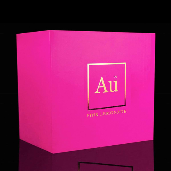 Au Vodka Pink Lemonade gift box with gold logo on bright pink background
