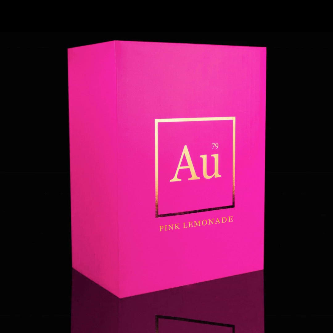 Au Vodka Pink Lemonade gift box with gold branding on bright pink background
