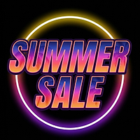 Summer Sale text in neon colors with palm tree pattern, encircled by a glowing yellow and purple ring