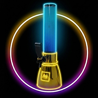 Au Vodka beer tower dispenser with blue liquid, gold base, and neon light accents
