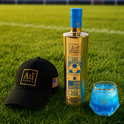 Au Vodka USA Blue Raspberry 750ml bottle, black cap, and blue drink on a soccer field