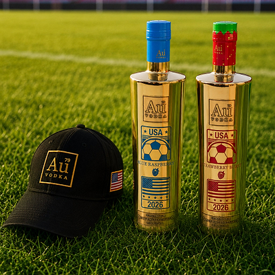 Au Vodka USA 750ml bottles in Blue Raspberry and Strawberry Burst flavors with a black Au Vodka cap