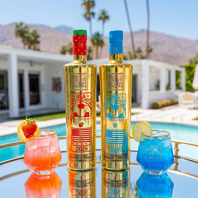 Au Vodka USA 750ml & 700ml Bottles in Strawberry Burst and Blue Raspberry flavors with cocktails