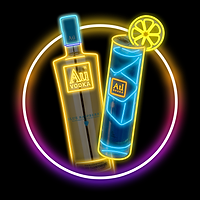 Au Vodka Blue Raspberry bottle and cocktail with neon glow
