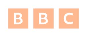 BBC logo with white letters on light orange squares