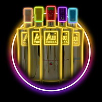 Five Au Vodka bottles with neon outlines in a circular neon frame
